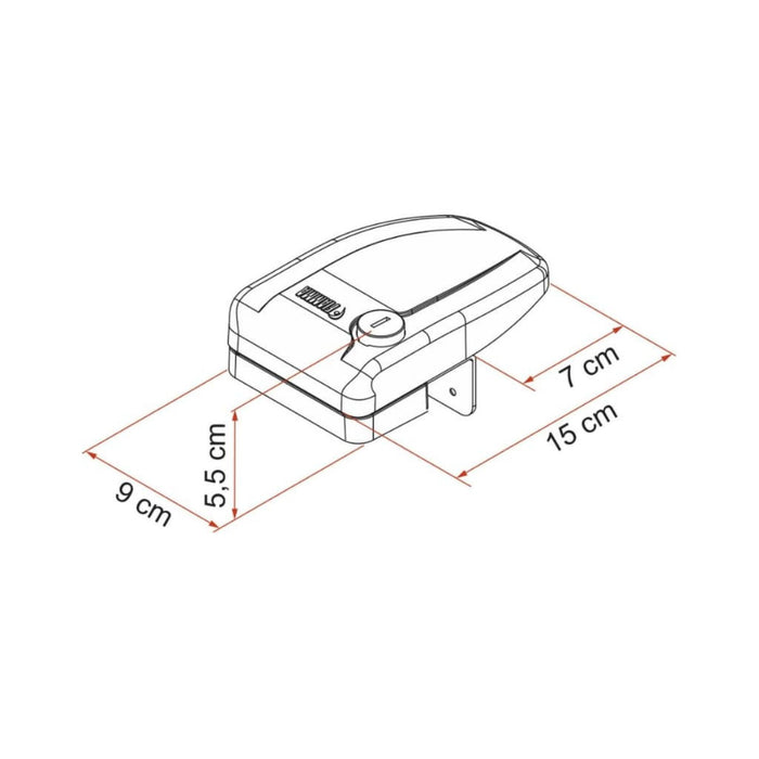 Dibujo técnico del cierre de seguridad Fiamma Safe Door Frame con medidas detalladas.