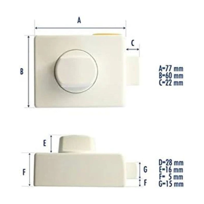 Diagrama técnico de la cerradura adicional HeoSolution HeoSafe con medidas detalladas