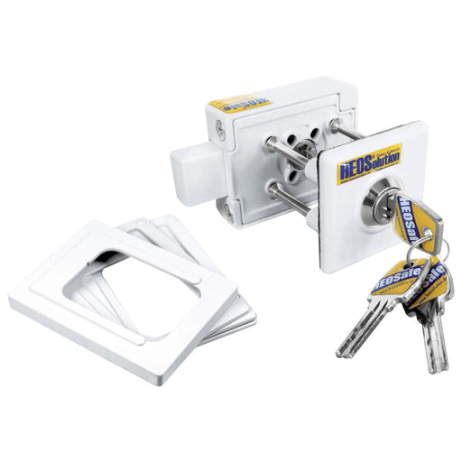Cerradura adicional de seguridad HeoSolution HeoSafe con llaves y accesorios de instalación