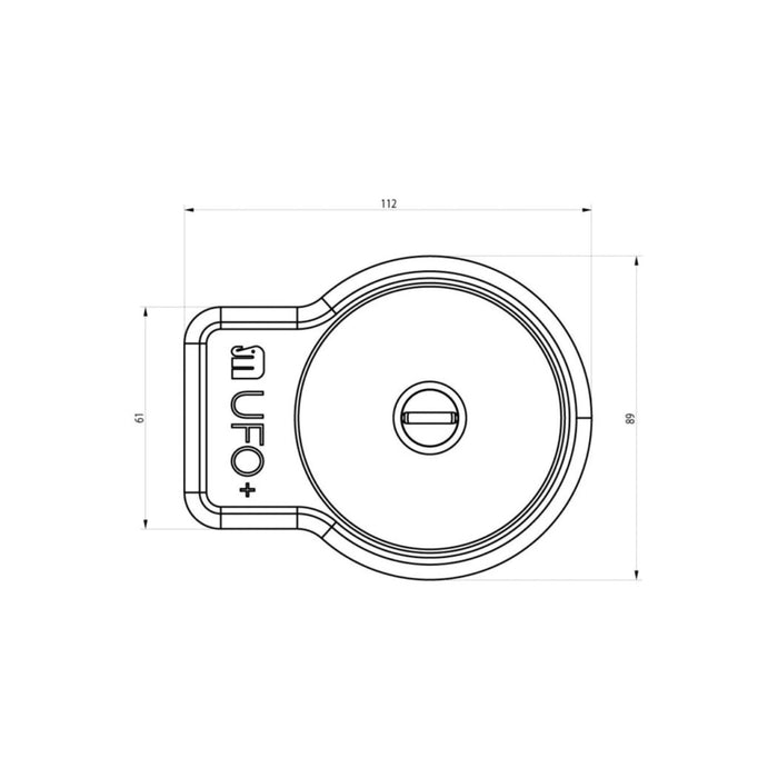 Diagrama superior de la cerradura Meroni UFO+ PLUS con medidas 112 x 89 mm