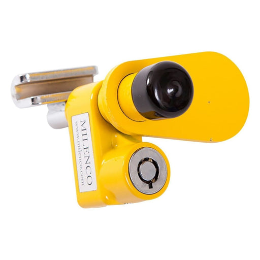 Primer plano del Milenco bloqueador de patas con bombín de cerradura y cabezal de sujeción