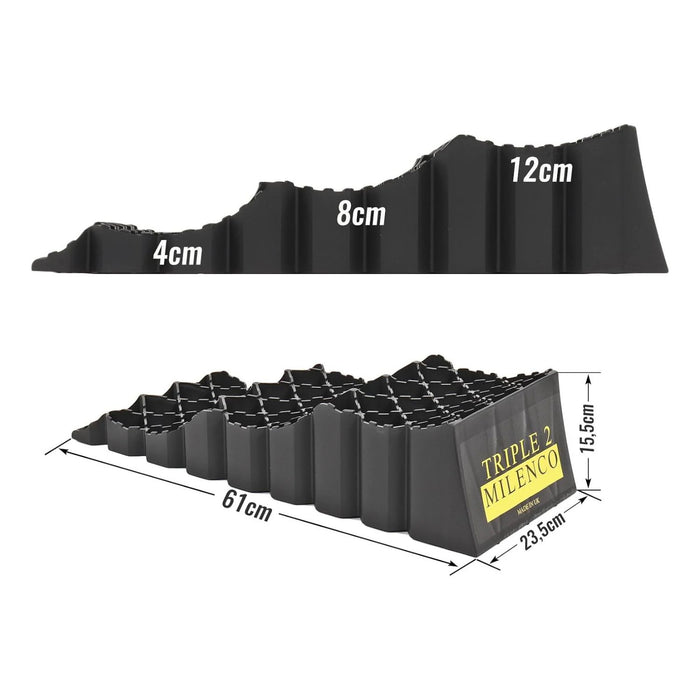 Dimensiones del calzo Milenco Triple con alturas de 4 cm 8 cm y 12 cm