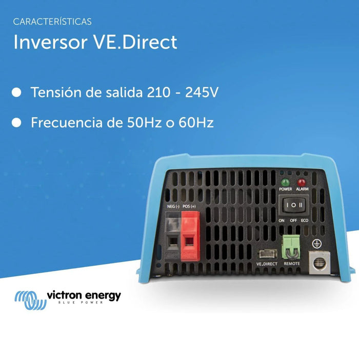 Características del inversor Victron Phoenix 12V 1200W con interfaz VE.Direct y especificaciones de tensión y frecuencia