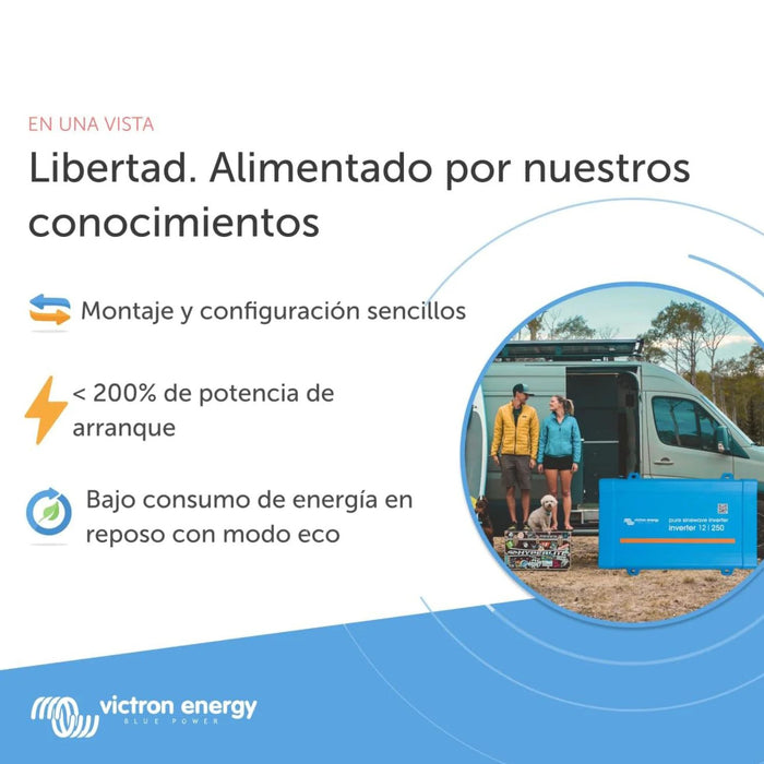 Características del inversor Victron Phoenix 12V 250W mostradas junto a una furgoneta camper