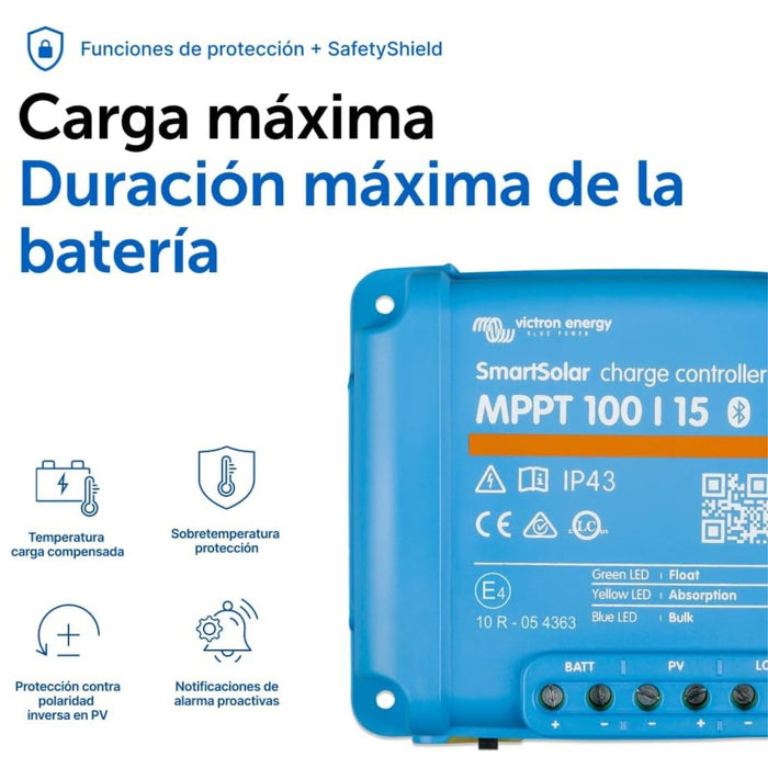 Funciones de protección y seguridad SafetyShield del controlador Victron SmartSolar MPPT 100/15.