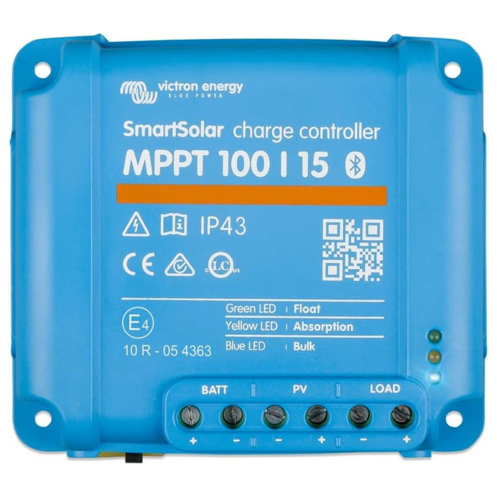 Regulador de carga solar Victron Energy SmartSolar MPPT 100V 15A con Bluetooth integrado visto de frente.
