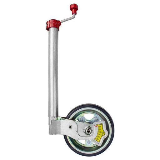 Vista lateral de la rueda jockey AL-KO Premium 48 mm con manivela superior roja