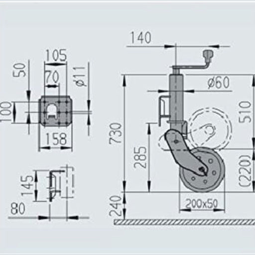 Plano técnico con medidas de la rueda jockey AL-KO Profi 500 para remolques y caravanas