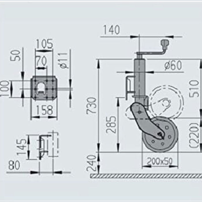 Plano técnico con medidas de la rueda jockey AL-KO Profi 500 para remolques y caravanas