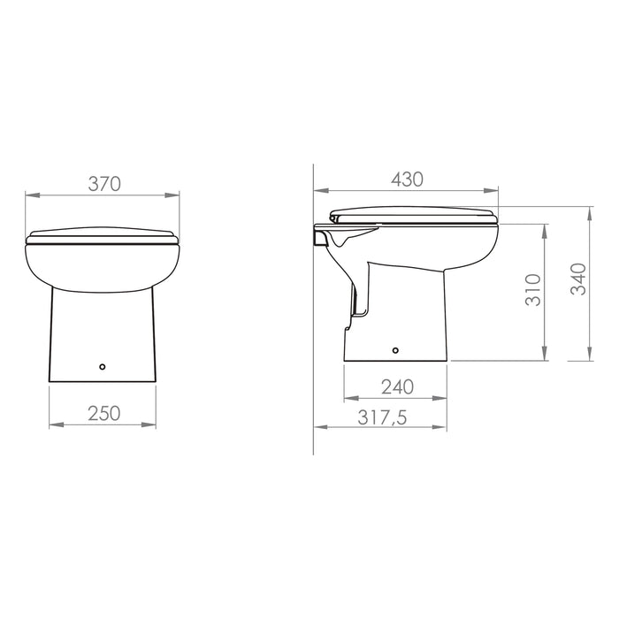 Technische Zeichnung mit den Maßen in Millimetern: elektrische Bordtoilette Sanimarin 31