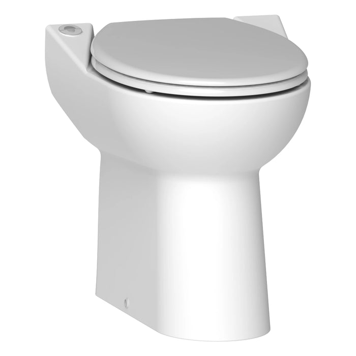 Rendering der elektrischen Bordtoilette Sanimarin 43 in Weiß von schräg vorn, mit rundem Taster auf dem Becken