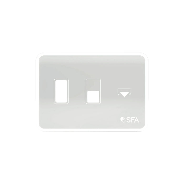 Bedienteil elektrische Bordtoilette Sanimarin: neues Luxe-Bedienfeld mit weißer Front, drei Tasten und SFA-Logo
