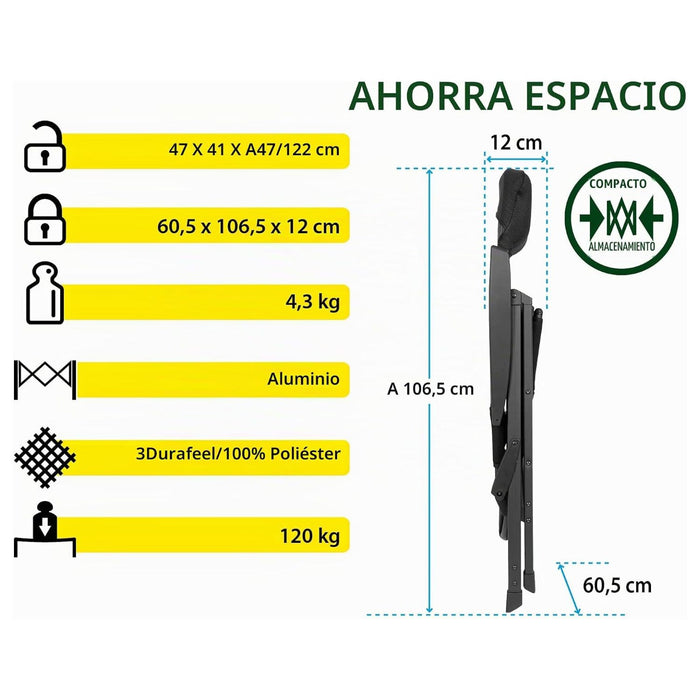 Ficha técnica de la silla Brunner Skye 3D: peso de 4,3 kg, soporte hasta 120 kg y estructura de aluminio