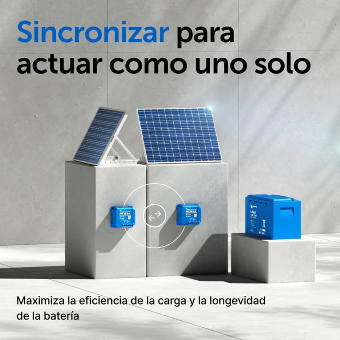 Dos controladores de carga Victron SmartSolar MPPT sincronizados de forma inalámbrica cargando una batería de litio.