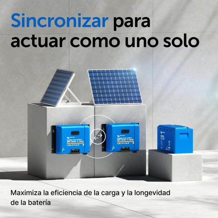 Dos reguladores Victron SmartSolar MPPT 150/85 sincronizados mediante VE.Can para carga eficiente de batería de litio.