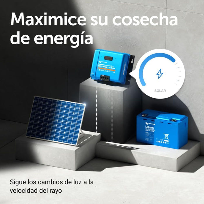 Sistema fotovoltaico compacto con regulador Victron SmartSolar MPPT 150/85, panel solar y batería de litio.