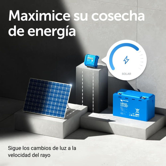 Sistema de energía solar con regulador Victron SmartSolar MPPT 100/15, panel solar y batería de litio Victron.