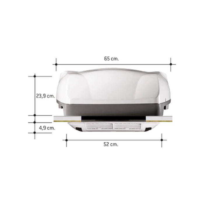 Plano frontal acotado del Telair DualClima 12500H: 65 cm de ancho y difusor interior de 52 cm y 4,9 cm de grosor