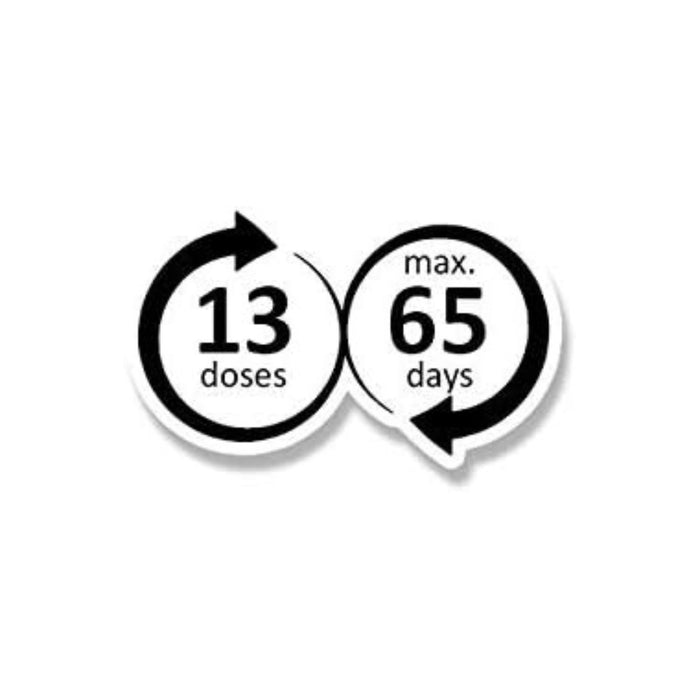 Icono de Thetford Aqua Kem Blue que indica 13 dosis y hasta 65 días de duración.