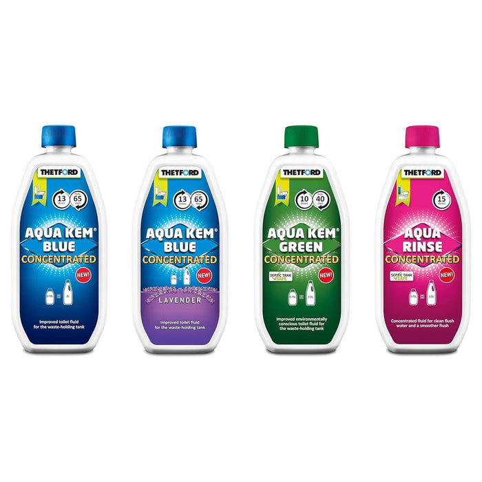 Gama completa de productos Thetford Aqua Kem Blue, Aqua Kem Green y Aqua Rinse Concentrated
