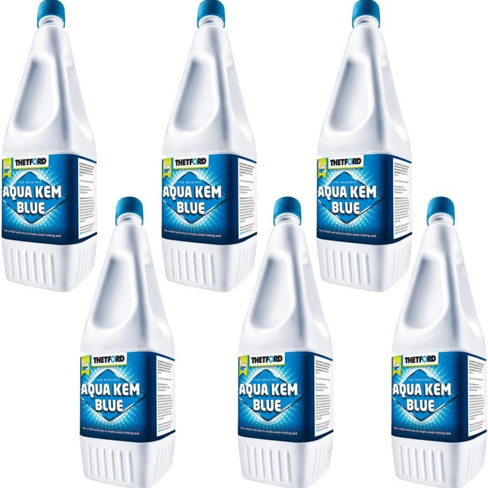 Pack de 6 botellas de Thetford Aqua Kem Blue, aditivo para depósitos de aguas negras en caravanas y autocaravanas.
