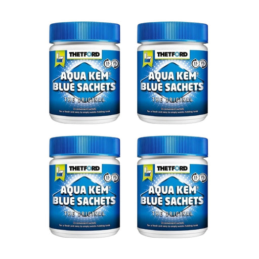Envase frontal de Thetford Aqua Kem Blue Sachets con 60 dosis para depósitos de inodoros portátiles.