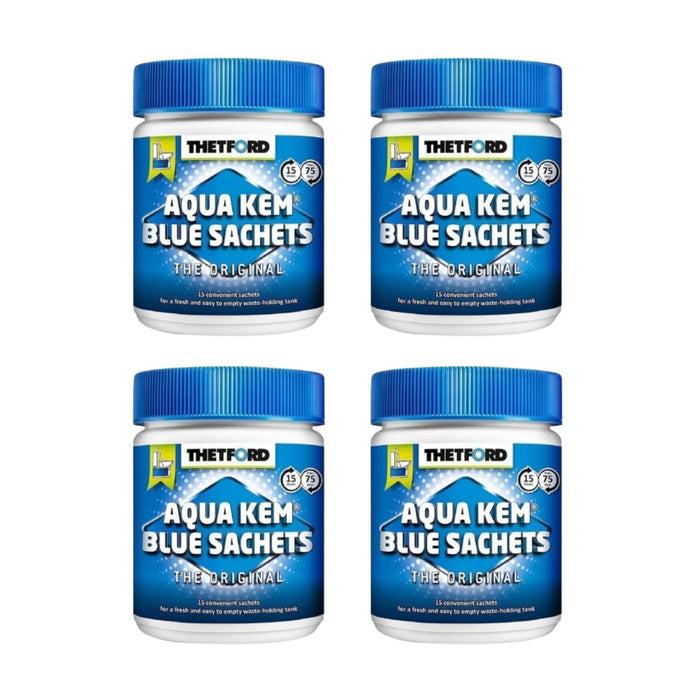 Envase frontal de Thetford Aqua Kem Blue Sachets con 60 dosis para depósitos de inodoros portátiles.