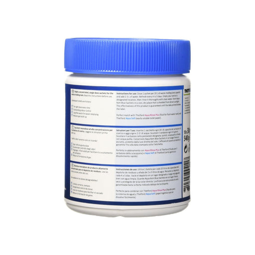 Parte trasera del envase Thetford Aqua Kem Blue Sachets con instrucciones de uso en varios idiomas.
