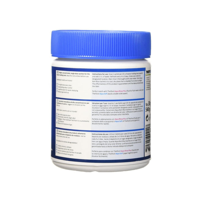 Parte trasera del envase Thetford Aqua Kem Blue Sachets con instrucciones de uso en varios idiomas.