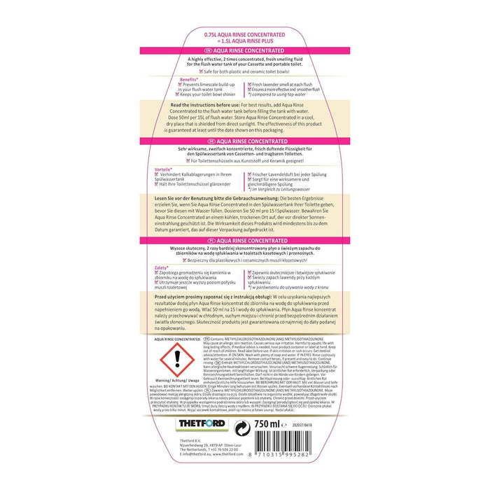 Etiqueta trasera del Thetford Aqua Rinse Concentrado con instrucciones y advertencias