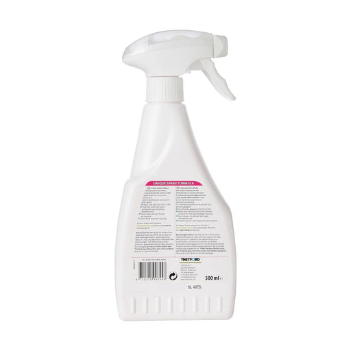 Etiqueta trasera del Thetford Aqua Rinse Spray con instrucciones y fórmula