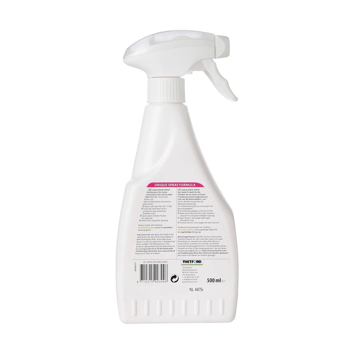 Etiqueta trasera del Thetford Aqua Rinse Spray con instrucciones y fórmula