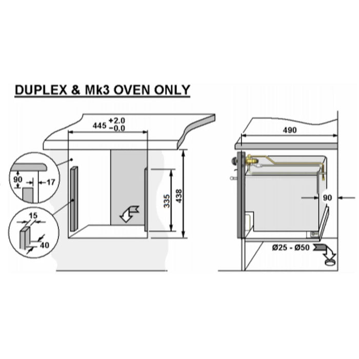 Diagrama técnico del horno-grill Thetford Duplex de 36 litros con medidas y especificaciones de instalación