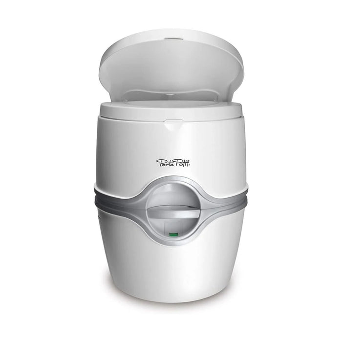 Vista frontal del inodoro portátil eléctrico Thetford Porta Potti 565E con la tapa abierta