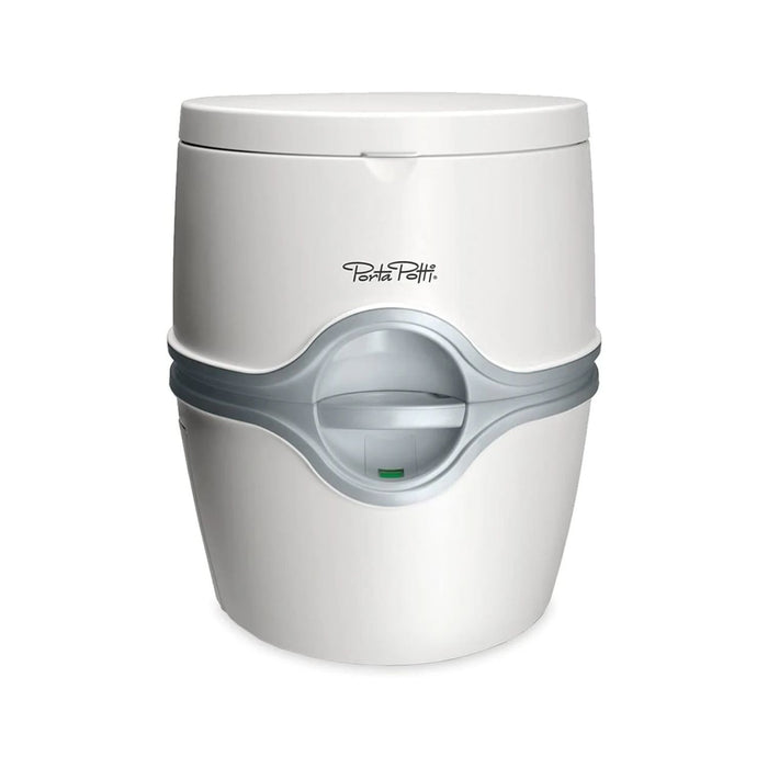 Inodoro portátil eléctrico Thetford Porta Potti 565E en color blanco con la tapa cerrada