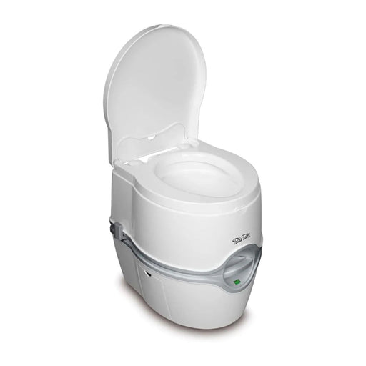 Vista lateral del inodoro portátil Thetford Porta Potti 565E con la tapa abierta