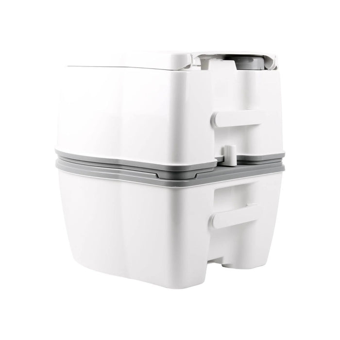 Vista trasera del inodoro portátil Thetford Porta Potti 565P en color blanco