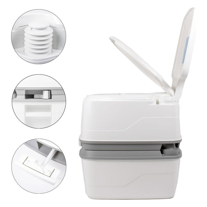 Vista lateral del inodoro químico portátil Thetford Porta Potti Qube 165 con detalles de uso