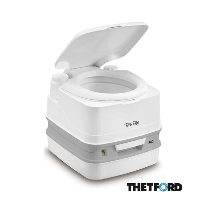 Inodoro portátil Thetford Porta Potti Qube 335 con tapa abierta y diseño compacto para caravanas y embarcaciones