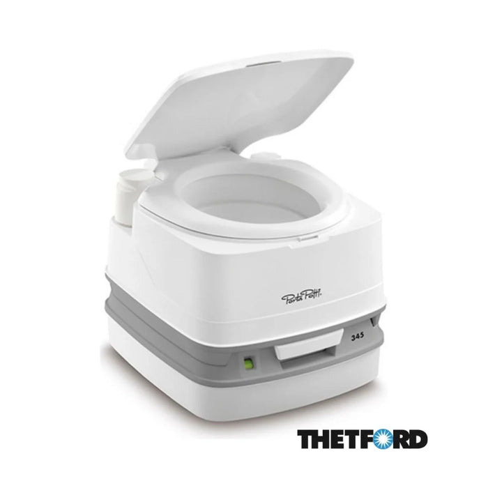Inodoro portátil Thetford Porta Potti Qube 345 con tapa abierta y diseño compacto para caravanas y embarcaciones