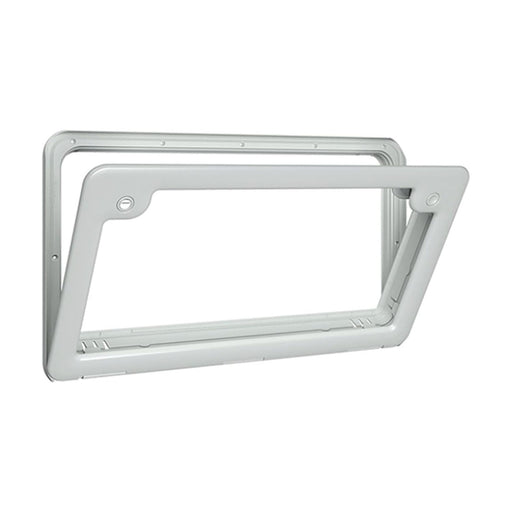 Puerta de servicio Thetford 4 blanca para caravana o autocaravana, vista abierta del marco y bisagras