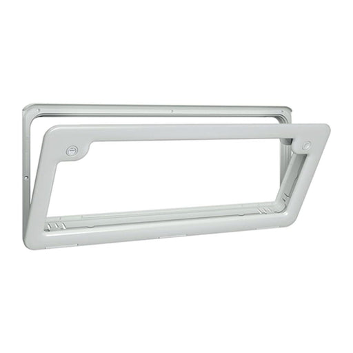 Puerta de servicio Thetford 5 blanca para caravana o autocaravana, vista abierta del marco y bisagras