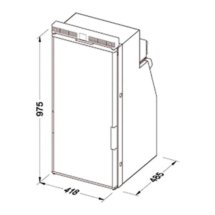 Esquema con las dimensiones de la nevera Thetford T1090 de 90 litros.
