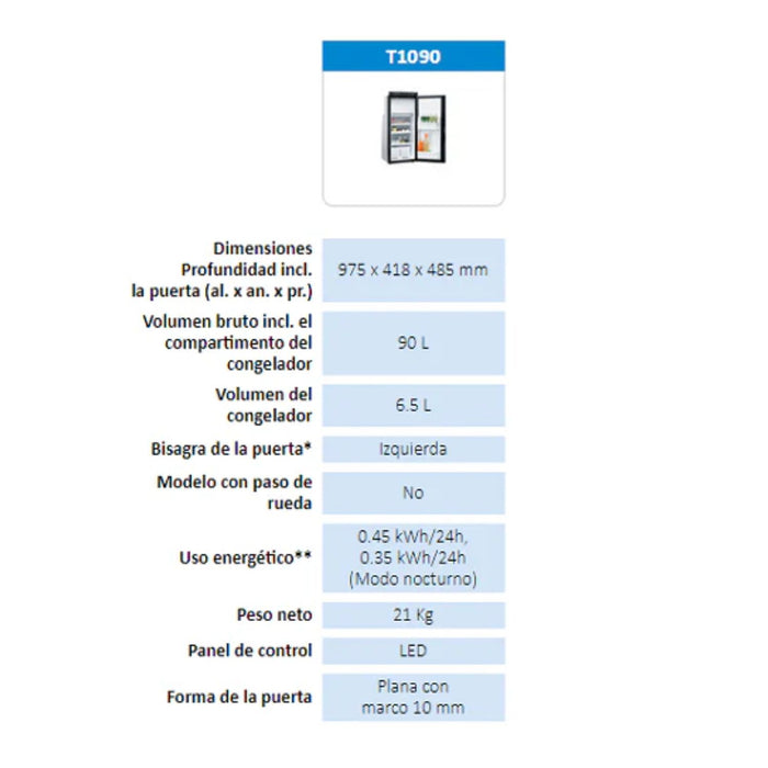 Ficha técnica de la nevera compresor Thetford T1090 de 90 litros con dimensiones y especificaciones.