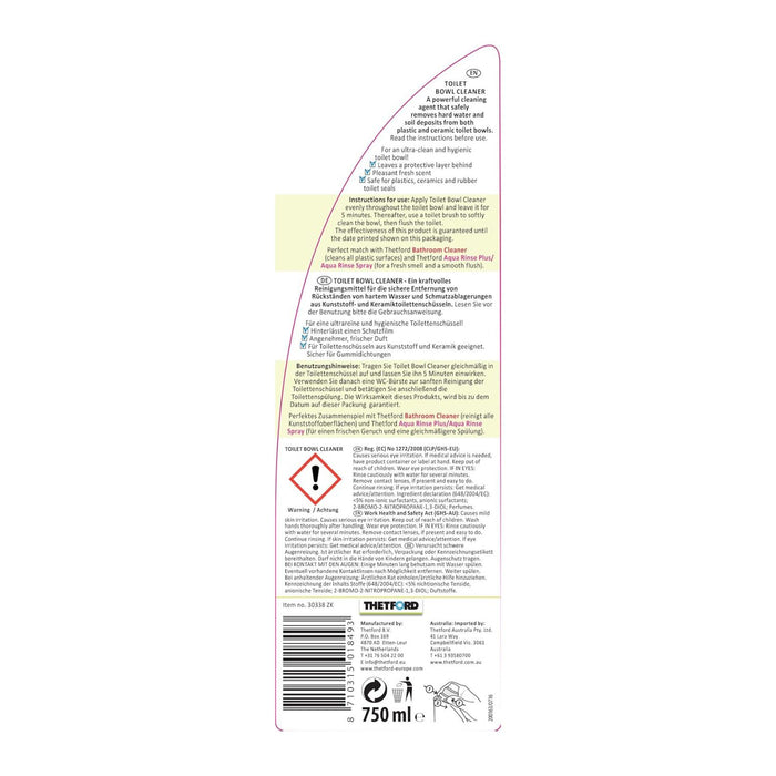Etiqueta trasera del Thetford Toilet Bowl Cleaner con instrucciones y advertencias