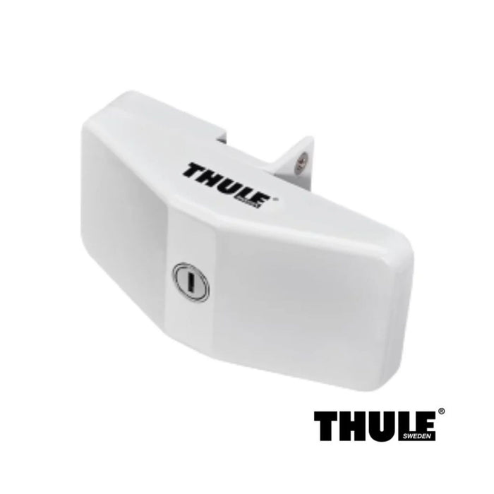 Bloqueador de puerta Thule Door Frame Lock en color blanco, vista frontal con cerradura.