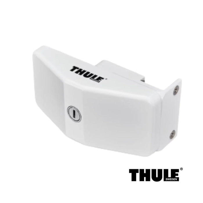 Bloqueador de puerta Thule Door Frame Lock blanco, vista lateral mostrando tornillería.