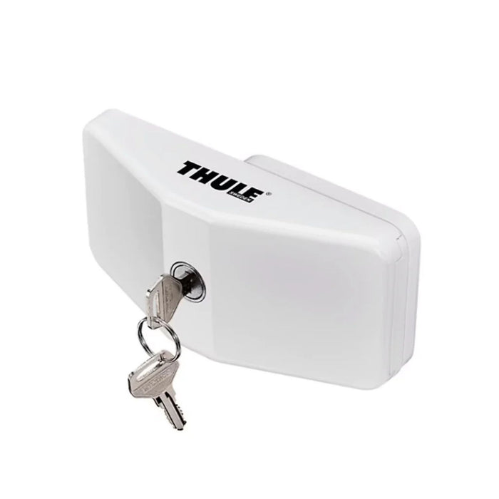 Bloqueador de puerta Thule Door Lock en color blanco con cerradura y llaves incluidas.