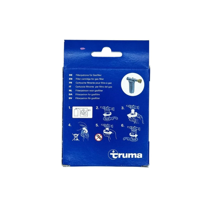 Parte trasera del envase Truma con instrucciones del cartucho de repuesto para filtro de gas