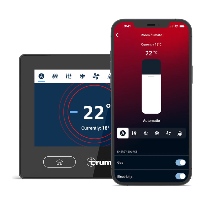 Unidad de mando iNet X Panel 2 junto a un móvil con la aplicación iNet X App